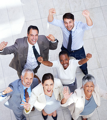 Buy stock photo Business people, portrait and celebration in office, achievement and support or unity. Colleagues, diversity and collaboration for company win, solidarity and cooperation for partnership success