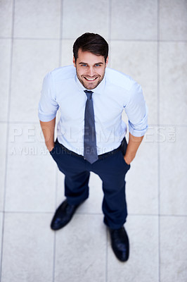 Buy stock photo Business, portrait and high angle of man in office with professional confidence and pride. Above, entrepreneur and person in lobby to start morning in London at corporate workplace with perspective