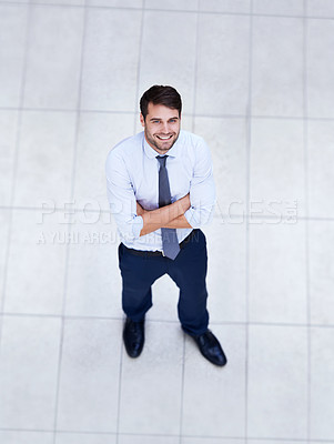 Buy stock photo Business, man and high angle portrait with arms crossed in office with confidence and pride. Above, entrepreneur and person in lobby to start morning in corporate London workplace with perspective