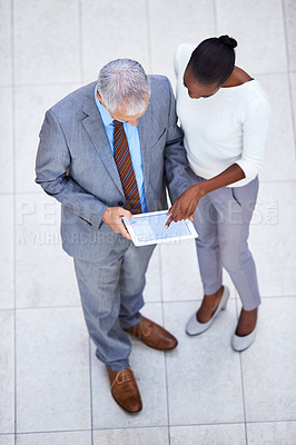 Buy stock photo Ceo, business woman and planning with tablet in office for internet, email and planning for meeting. Manager, assistant and teamwork with diversity from above view in corporate career in banking