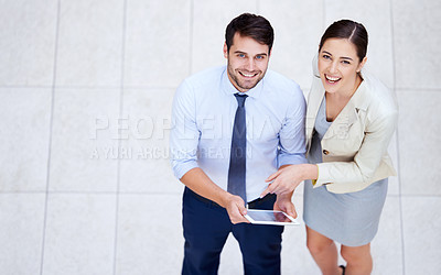 Buy stock photo High angle of tablet, business and smile with portrait, employee and entrepreneur. Man, woman and corporate for company, discussion and meeting for online enterprise or accounting firm and agency