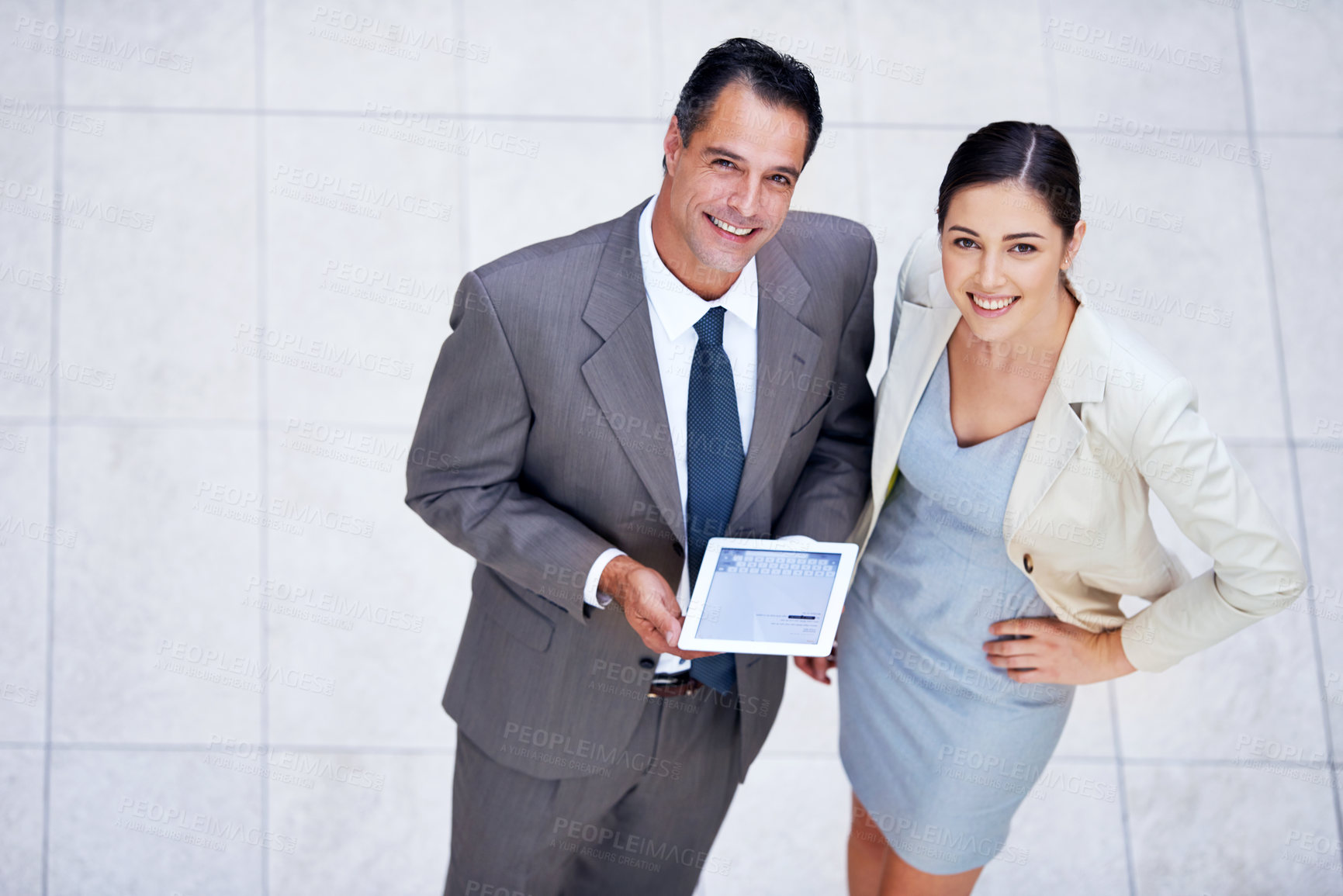 Buy stock photo High angle of tablet, business and portrait with smile, employee and entrepreneur. Man, woman and corporate for company, discussion and meeting for online enterprise or accounting firm and agency