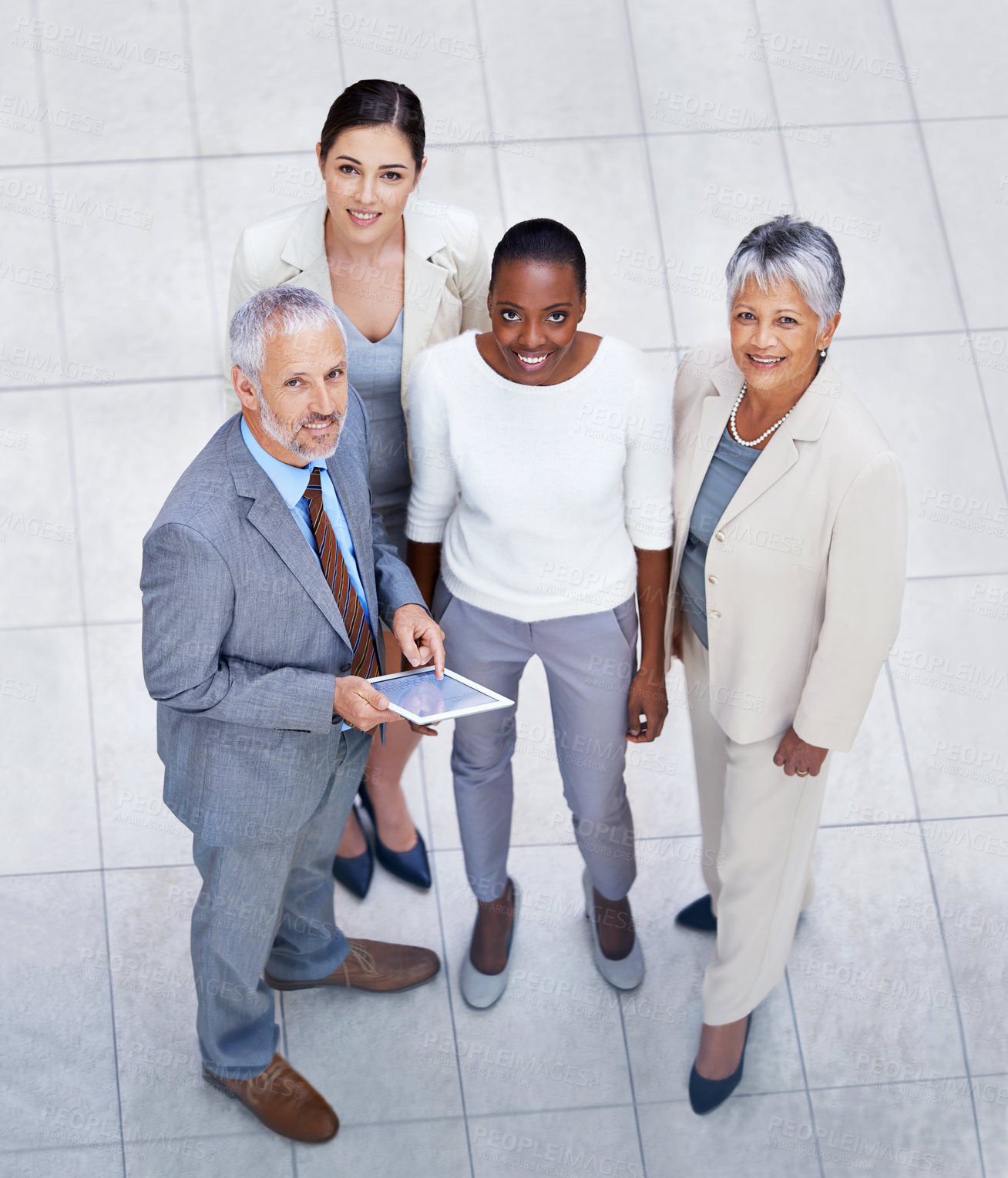 Buy stock photo Smile, tablet and portrait of business people in lobby of office for meeting in collaboration. Happy, digital technology and high angle of professional financial advisors in discussion for teamwork.