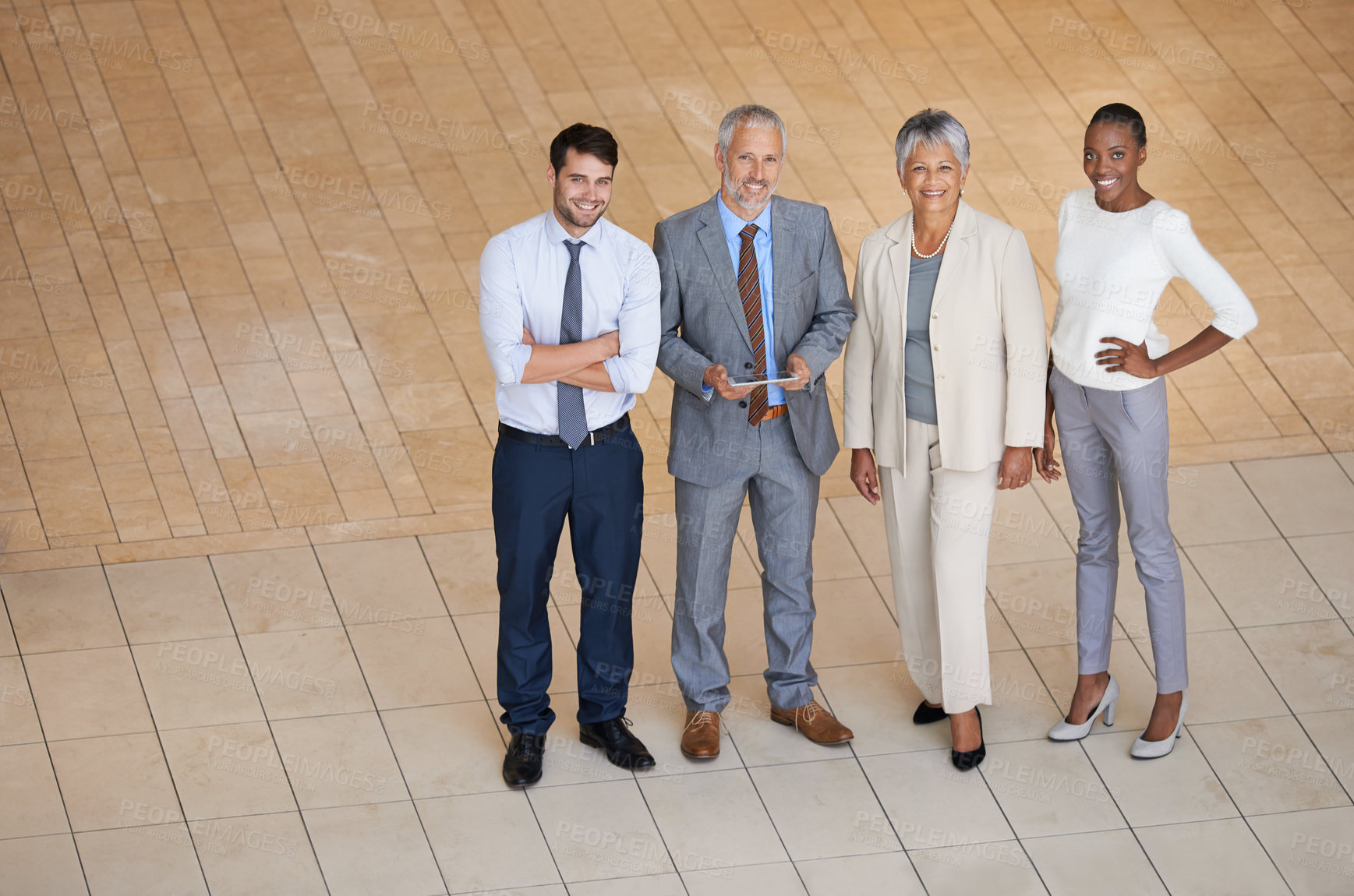 Buy stock photo Portrait, businesspeople and smile for diversity team, outside and professional management. Leadership, teamwork and collaboration for project or meeting, architect and corporate company employee