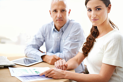 Buy stock photo Portrait, businessman and woman with documents, tablet and sales review for growth, development and stats. Planning, strategy and business people at desk for data analysis, feedback or profit report