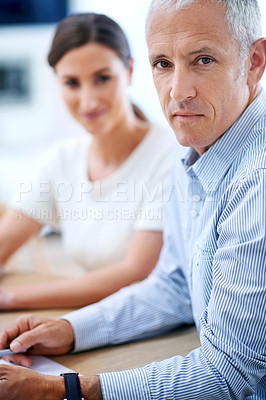 Buy stock photo Portrait, businessman and woman at desk for meeting with project, growth and startup development in office. Planning, confidence and business people with collaboration, partnership and b2b networking