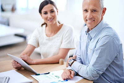 Buy stock photo Portrait, tablet and collaboration in meeting with documents, data and graph for corporate career. Worker, group or employees together for business discussion in office, workspace or conference room