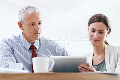Buy stock photo Portrait, senior and businesswoman with man and tablet with internet for online work for training on sales target or skills. Employee, manager or people with information technology for development.