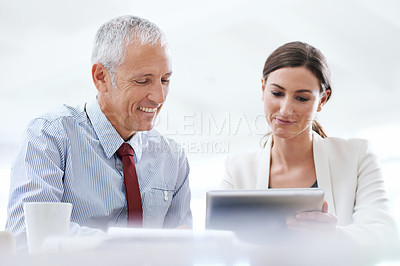 Buy stock photo Teach, senior and businessman with woman and tablet with internet for online work for training on sales target or skills. Employee, manager or leader with information technology for development.