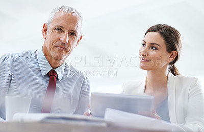 Buy stock photo Portrait, senior and businessman with woman and tablet with internet for online work for training on sales target or skills. Employee, manager or leader with information technology for development.