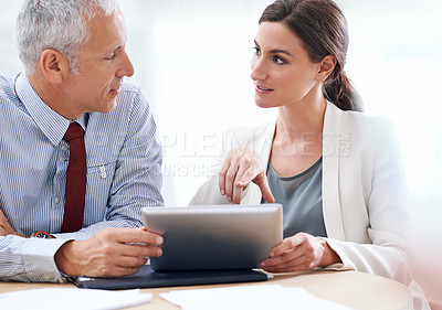 Buy stock photo Discussion, senior and businessman with woman and tablet with internet for online work for training on sales target or skills. Employee, manager or leader with information technology for development.