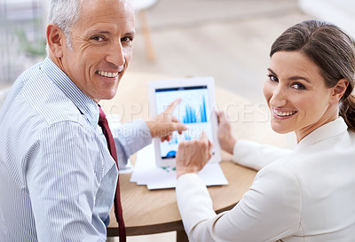 Buy stock photo Portrait, charts and tablet of teamwork, smile and technology with data. Statistics, graphs and planning or money report, collaboration and financial advisor for professional employee in corporate