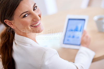 Buy stock photo Portrait, charts and tablet of businesswoman, smile and technology with data. Statistics, graphs and planning or financial report, female fintech advisor and professional employee in corporate