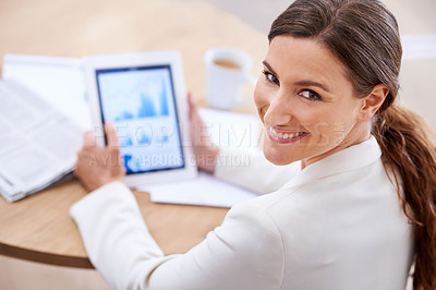 Buy stock photo Portrait, graphs and tablet of businesswoman, smile and technology with data. Statistics, charts and planning or money report, female financial advisor and professional employee in corporate
