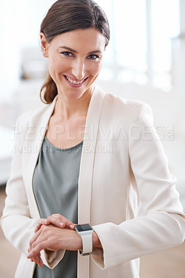 Buy stock photo Portrait, woman or smart watch in business, fashion or boutique in professional, formal or clothing. Businesswoman, time management or expert to schedule, trendy or stylish workplace outfit in office