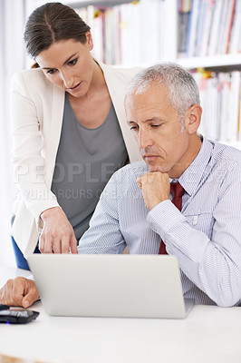 Buy stock photo Business people, laptop and teamwork brainstorming in office for financial email, investment or consultation. Man, woman and project planning with company growth on internet, digital or accounting