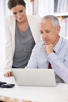 Buy stock photo Business people, laptop and teamwork in office for brainstorming startup as financial advisor, consultant or collaboration. Man, woman and online internet for accounting email, investment or planning
