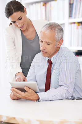 Buy stock photo Business people, tablet and teamwork in office for brainstorming startup as financial advisor, consultant or collaboration. Man, woman and online internet for accounting deal, investment or planning