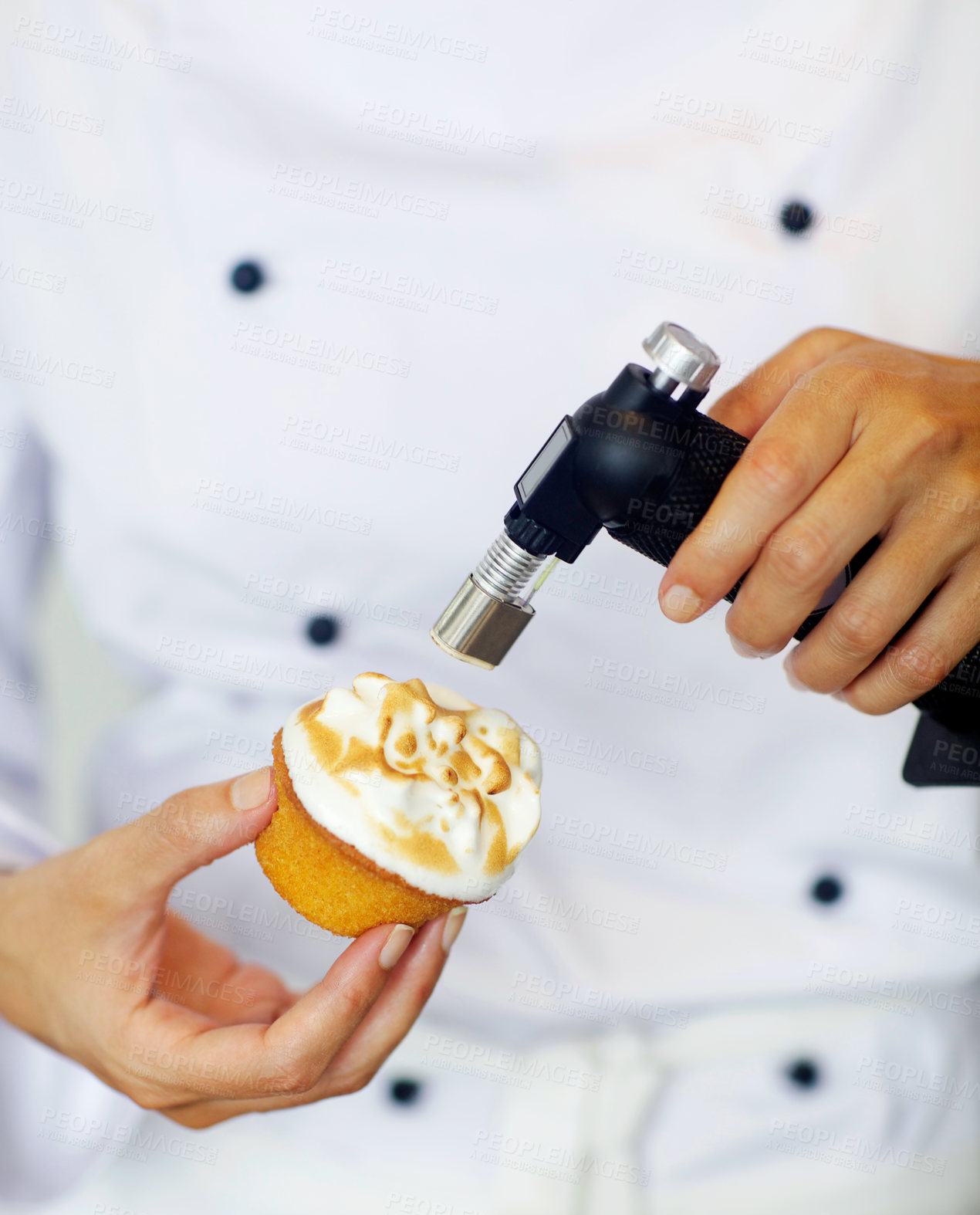 Buy stock photo Baker, torch and flame in restaurant for dessert, cake or meringue in kitchen for fine dining experience. Fire, cupcake and pastry chef in cafe, coffee shop or small business for cooking luxury food