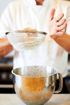 Buy stock photo Baker hands, sifting flour and baking skill, cake or pastry with metal bowl closeup, dessert and person in bakery kitchen. Cooking, chef and catering industry tools and production with confectionery