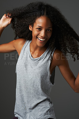 Buy stock photo Portrait, african woman and smile in studio with confidence, good mood and positive personality. Happy female model,  beautiful afro hair and casual style for natural beauty, fashion and empowerment