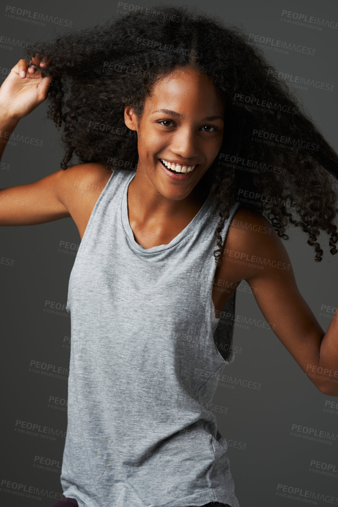 Buy stock photo Portrait, african woman and smile in studio with confidence, good mood and positive personality. Happy female model,  beautiful afro hair and casual style for natural beauty, fashion and empowerment