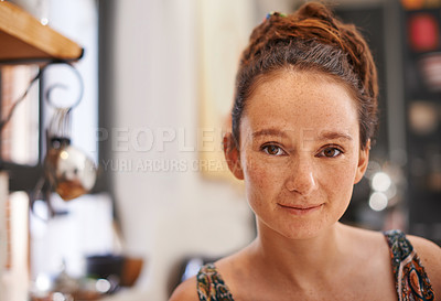 Buy stock photo Calm, smile and portrait of woman in home relax on weekend break, leisure and peace in morning for comfort or stress relief. Female person, happiness and personal vacation for relaxing and casual