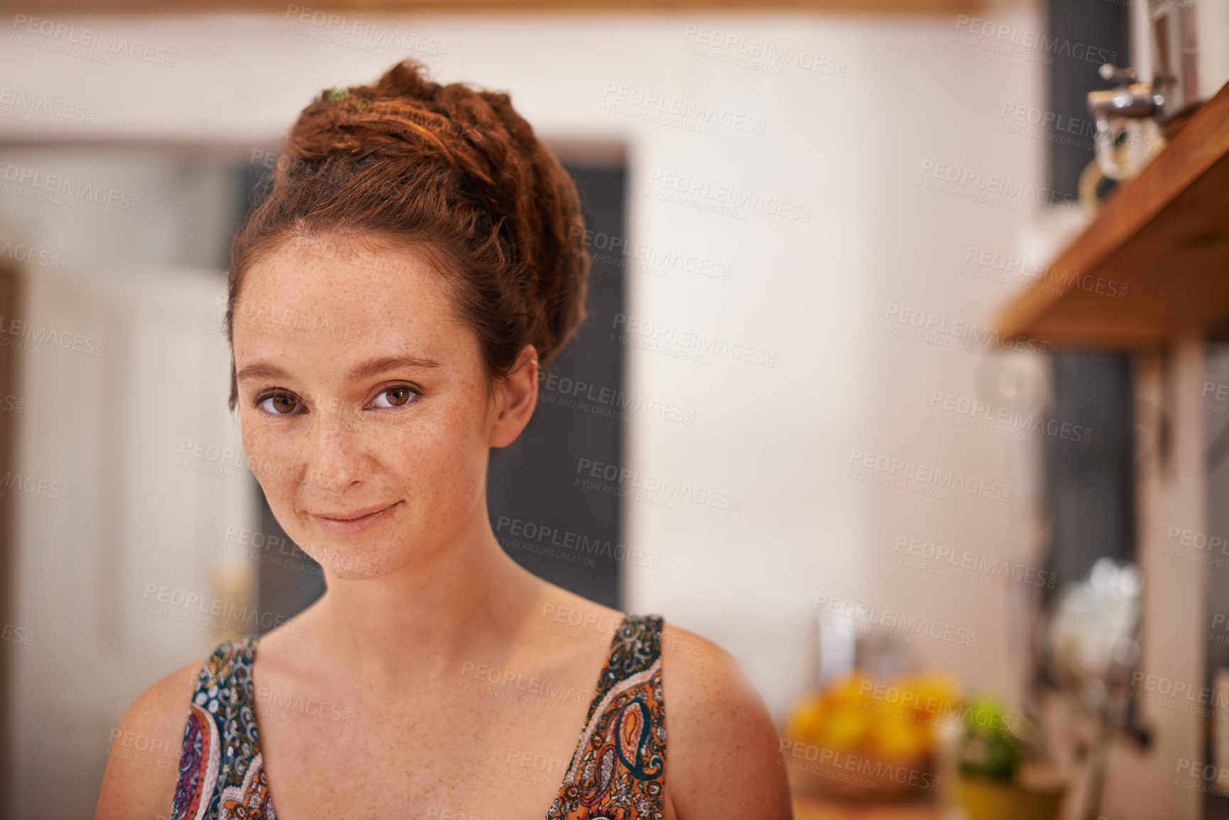 Buy stock photo Portrait of a young woman with dreadlocks standing in her home