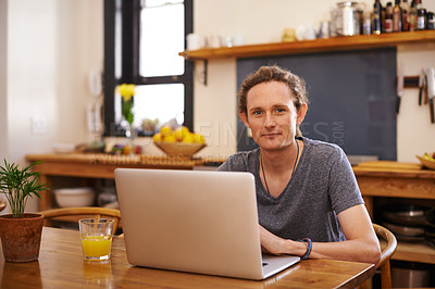 Buy stock photo Remote work, kitchen and portrait of man with laptop for online research, website and internet project. Working from home, freelancer and person on computer for planning, streaming and networking 