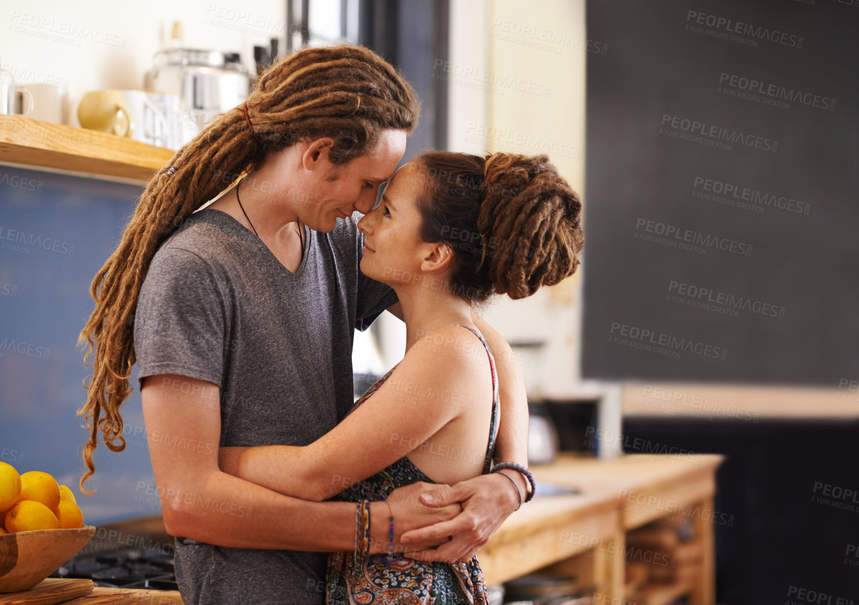 Buy stock photo Hug, rasta and home with couple, happiness and bonding together with romance and relaxing. Marriage, apartment and embrace with love and dreadlocks with relationship and cheerful with man and woman