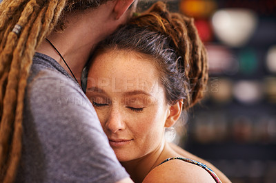 Buy stock photo Hug, rasta and home with couple, marriage and bonding together with happiness and relaxing. Peaceful, apartment and embrace with romance and dreadlocks with relationship and love with man and woman