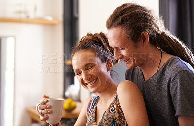 Buy stock photo Hug, smile and home with couple, funny and bonding together with happiness and humor. Marriage, apartment and embrace with romance and morning with relationship and laugh with man, love and woman