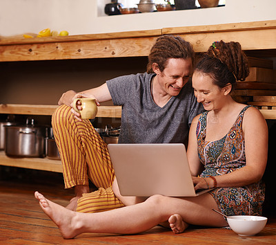 Buy stock photo Home, couple on the floor and typing with laptop, morning and planning with online reading or computer. People, apartment or dreadlocks with man or woman with affection or internet with tech or smile