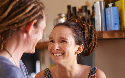 Buy stock photo Couple, laugh and happy in kitchen for love or bonding with affection, romance and care with support. Man, woman and together for commitment or security, safety and trust with communication.