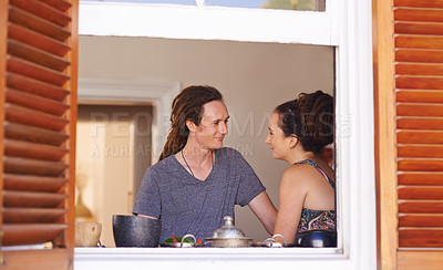 Buy stock photo Kitchen, window and couple in home for conversation, bonding and relationship together. Dating, happy and Rasta man and woman speaking, talking and chat in house for marriage, love and happiness
