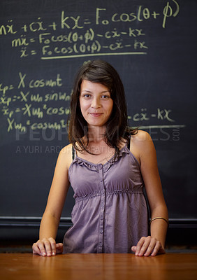 Buy stock photo Student, university and classroom for mathematics, chalkboard and ready for class, woman or lecture. Portrait, education or knowledge for learning, study or college for career, campus or scholarship
