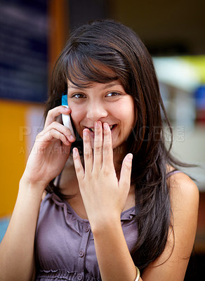 Buy stock photo Woman, cellphone and flirt with smile, conversation and call with technology, happy and mobile. Communication, outdoor and speaking on phone, excited and talking in city, discussion and connection