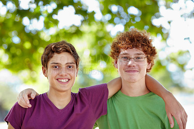 Buy stock photo Portrait of two boys in a friendly embrace