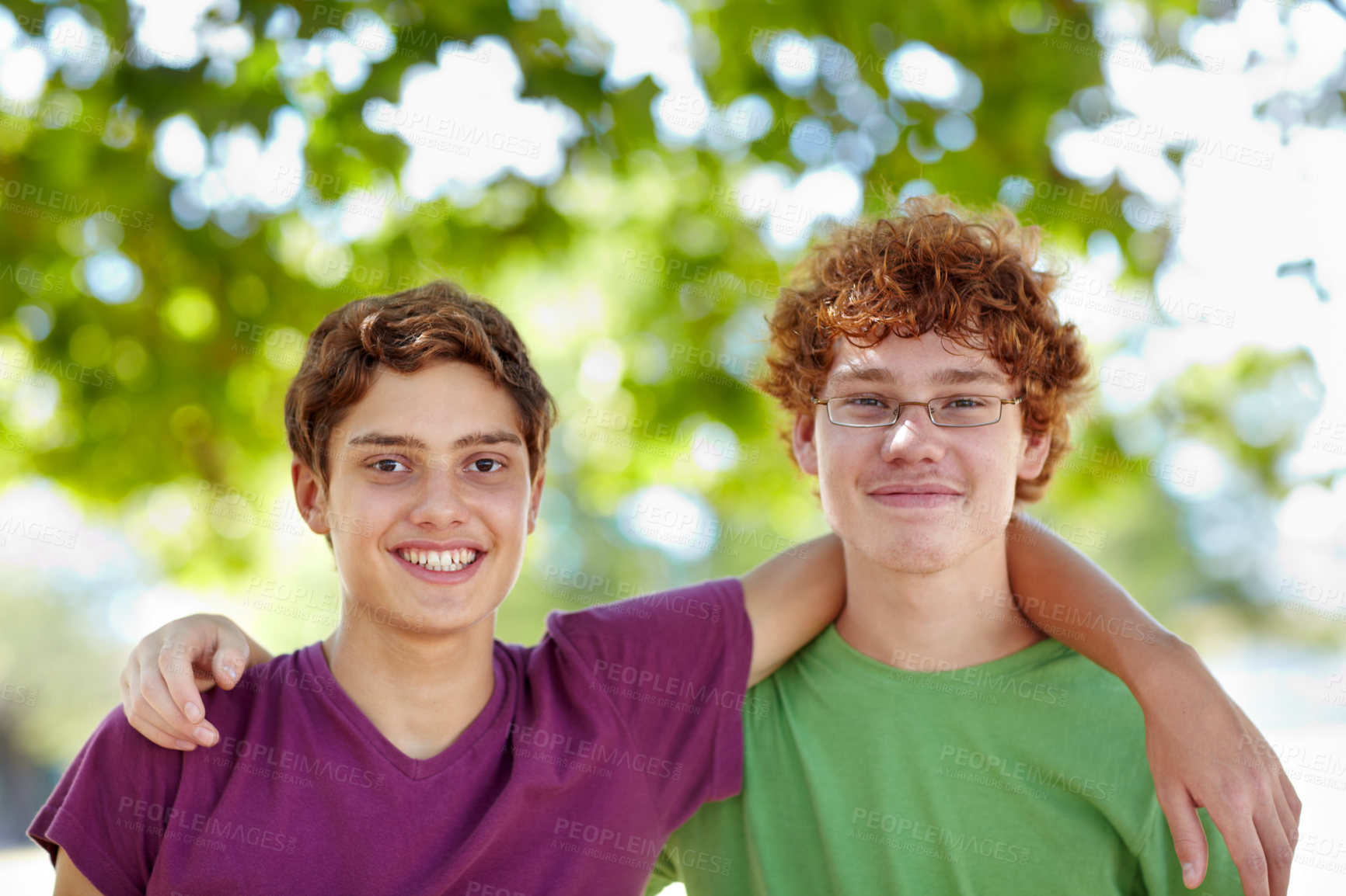 Buy stock photo Portrait of two boys in a friendly embrace