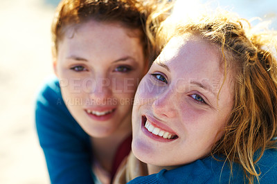 Buy stock photo Twins, family and smile in portrait, women together outdoor with love and friendship, trust and happiness. Young female people, sun and travel with happy face, sister bond and care in relationship