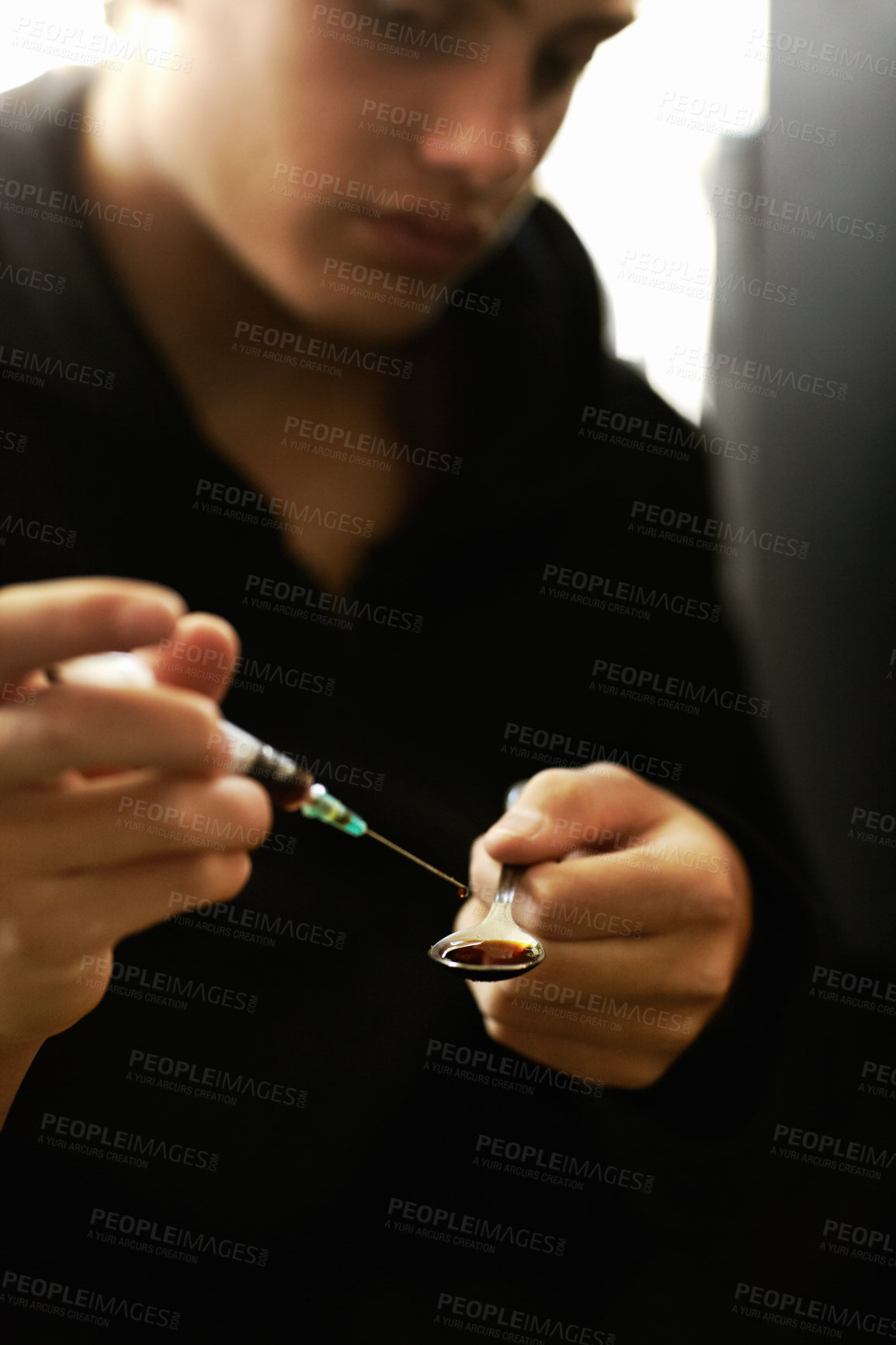 Buy stock photo Man, syringe and spoon for heroin drug as unhealthy addiction or mental health struggle, danger or needle. Male person, hand and preparation of habit vice or depression overdose, anxiety or injection