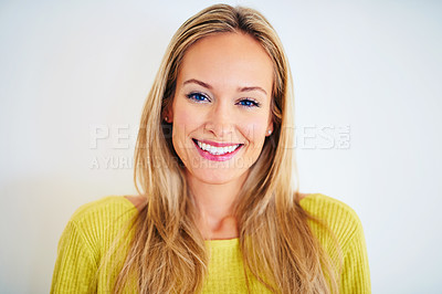 Buy stock photo Smile, portrait and woman in a house with confidence, positive attitude and feel good mood on white wall background. Face, happy and female person at home with optimism, relax and chilling on weekend