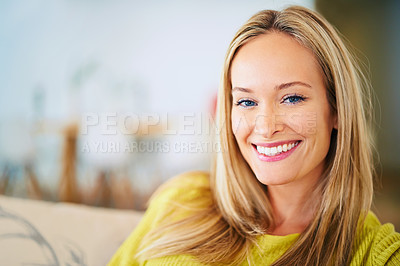 Buy stock photo Happy, portrait and woman relax on a sofa in a house with confidence, chilling or good mood at home. Face, smile and female person in a living room resting with free time, break or comfort on weekend