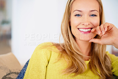 Buy stock photo Portrait, home and relax with woman, smile and happiness with comfort and weekend break in a living room. Face, person and girl with joy or apartment with wellness and calming with peace and vacation