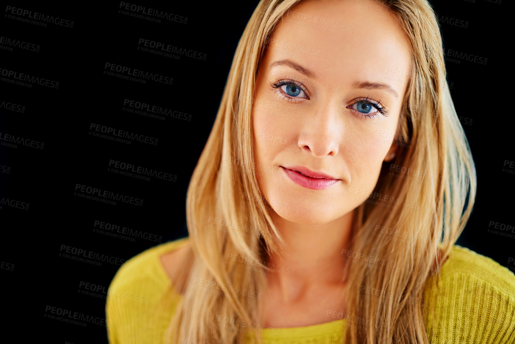Buy stock photo Skincare, results or portrait of woman in studio isolated on black background for mockup space. Smooth, facial cosmetics or face of confident model, lady or natural female person with shine and glow