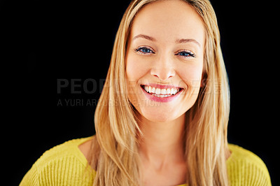 Buy stock photo Studio portrait of a gorgeous young blonde woman with a toothy smile
