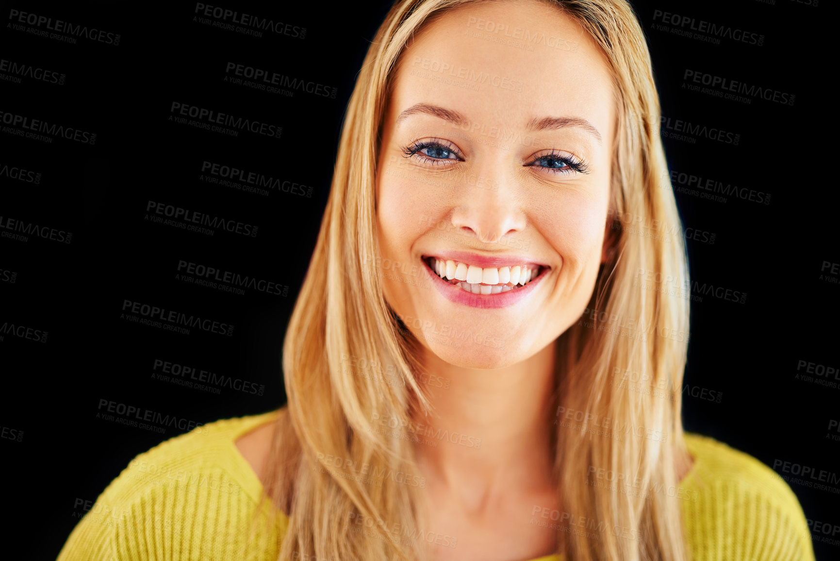 Buy stock photo Studio portrait of a gorgeous young blonde woman with a toothy smile