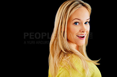 Buy stock photo Skincare, surprise announcement or portrait of woman laughing in studio isolated on black background. Mockup, facial cosmetics or face of natural model with sale promotion, confidence and beauty glow