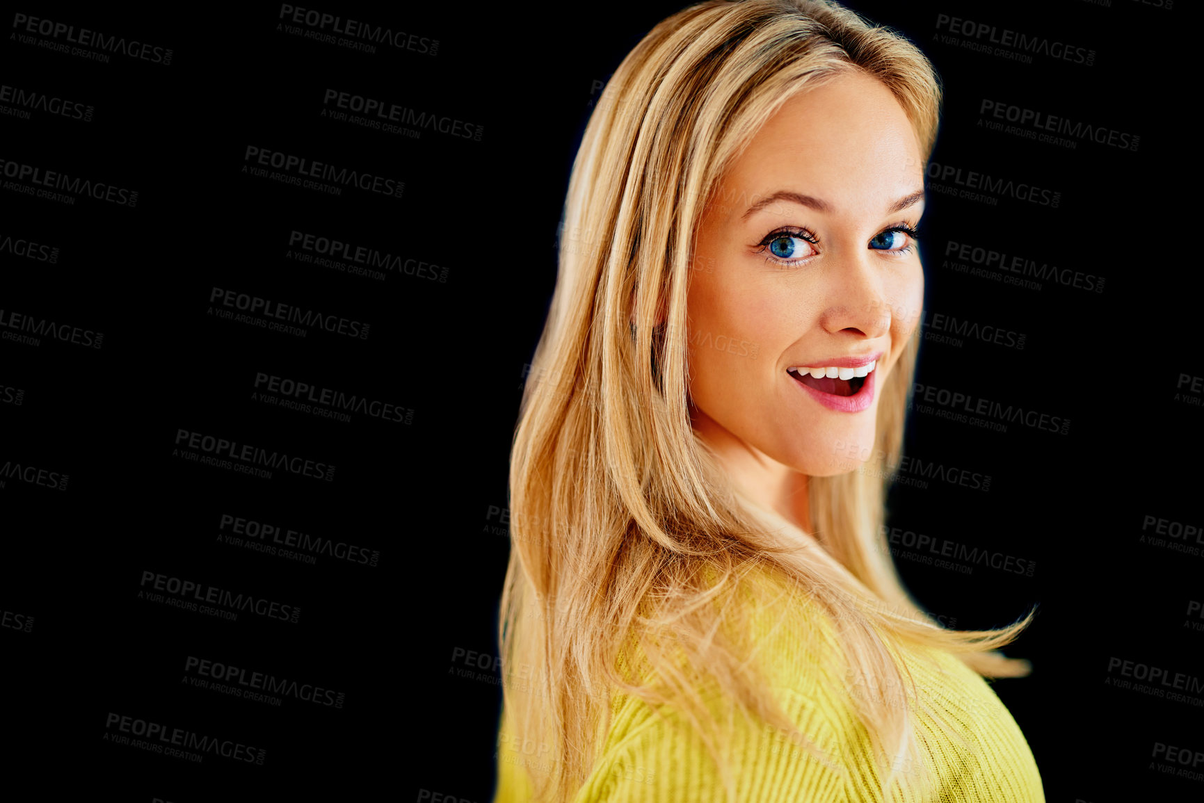 Buy stock photo Skincare, surprise announcement or portrait of woman laughing in studio isolated on black background. Mockup, facial cosmetics or face of natural model with sale promotion, confidence and beauty glow