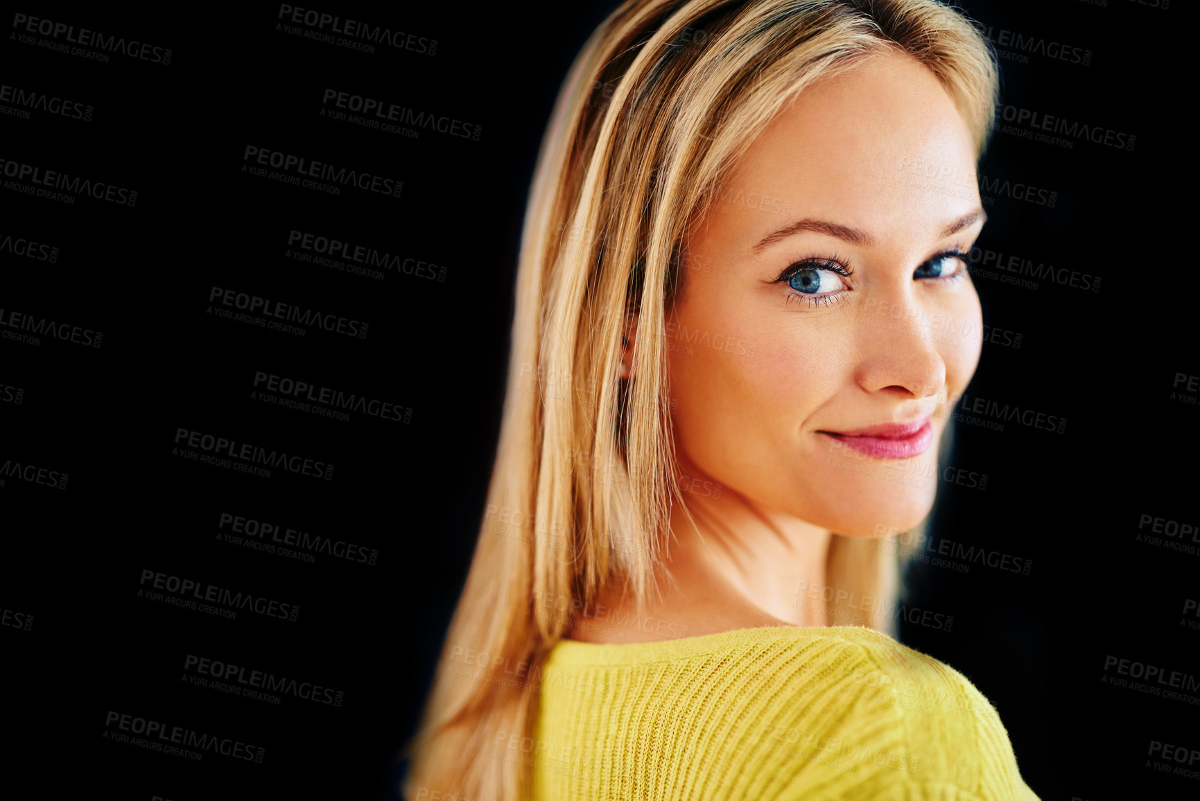 Buy stock photo Skincare, space or portrait of happy woman in studio isolated on black background for mockup. Smooth, facial cosmetics or face of confident model or natural female person with shine, pride and glow